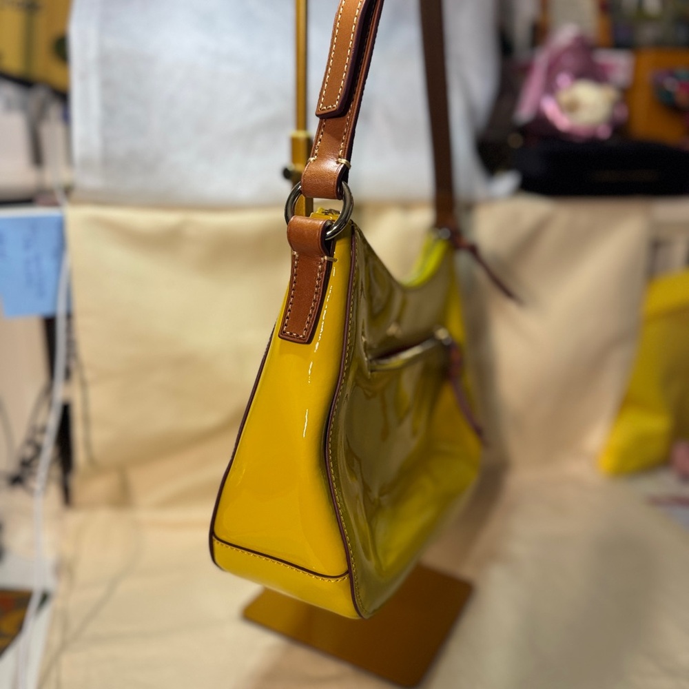 Dooney & Bourke Yellow Patent Leather Shoulder Bag Brown purple strap Kiley - Picture 6 of 16